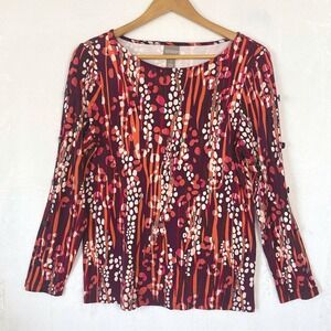 Chicos Long Sleeve‎ Abstract Print Knit Top Womens Size 1 Medium Burgundy Orange